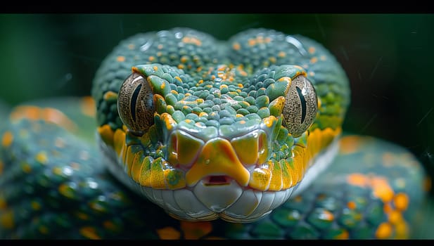 A closeup image of a green and yellow snakes face, featuring pronounced symmetry and electric blue scales. This macro photography captures the natural beauty of this terrestrial organism