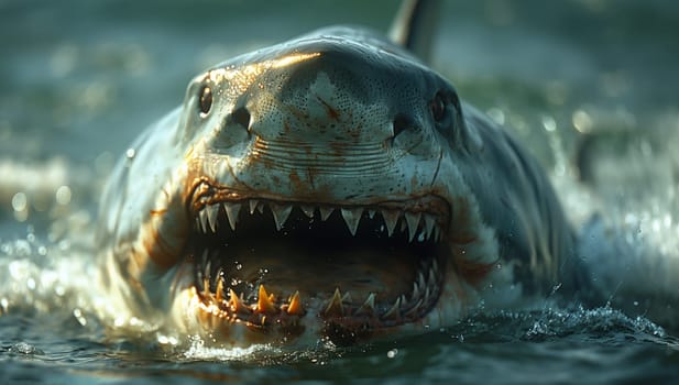 A shark with its jaws open is swimming in the liquid environment, showcasing its fangs and teeth. This behavior is commonly observed in marine biology studies