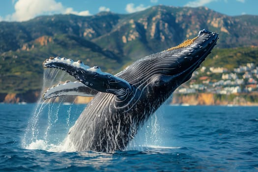 A majestic humpback whale breaches the water, soaring into the sky with its massive fin cutting through the fluid landscape of the sea and clouds