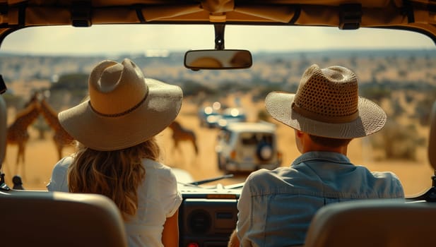 A man and a woman are lounging in the back of a vehicle wearing sun hats, observing a crowd of giraffes in a leisurely landscape. Enjoying a fun and relaxing travel experience