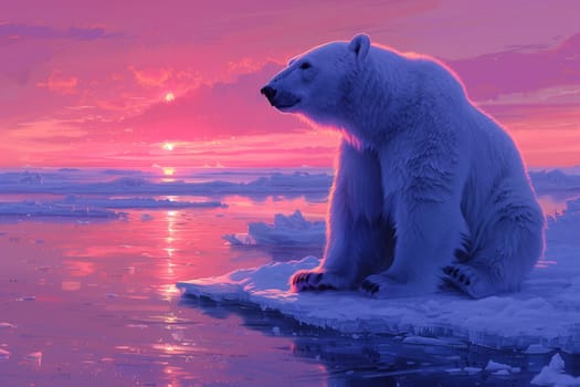 A carnivorous polar bear, a terrestrial animal, sits on a piece of polar ice cap floating in the electric blue liquid water of the ocean under the sky