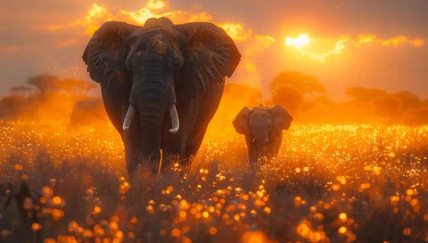 Two elephants strolling through a field of flowers in a natural landscape at sunset, creating a serene atmosphere in the ecoregion with a beautiful sky and grassy surroundings