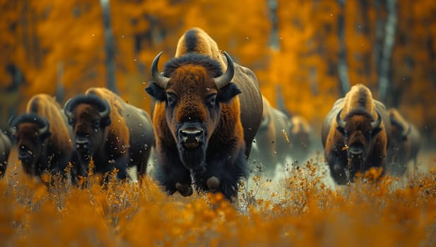 A group of Bison, a bull leading the way, roaming through a grassy ecoregion landscape. Their strong adaptation skills to the natural environment are showcased as they move gracefully