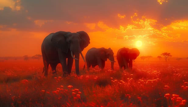 A group of African elephants strolling through a red flower field at sunset under a cloudy sky, creating a beautiful natural landscape