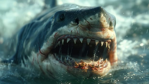 A shark with its jaw wide open swims in the liquid landscape of the ocean, showing its sharp fangs. This wildlife creature looks happy in its natural habitat