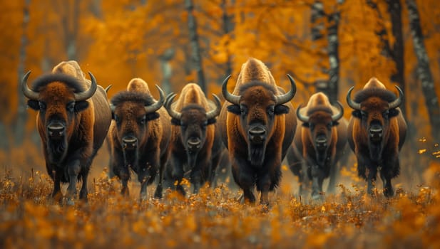 A group of bison is moving through a natural landscape, blending in with military camouflage. The bulls lead the herd through the grassy terrain