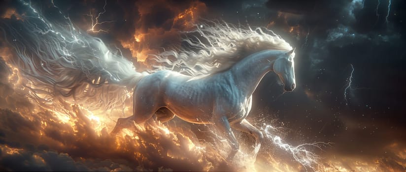 In a surreal scene of art, a fictional white horse with electric blue fur is soaring through the cloudy sky, creating a captivating landscape in the darkness