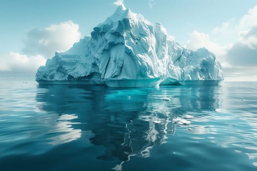 A massive iceberg is drifting in the ocean, surrounded by water and under a cloudy sky. This natural landscape features a polar ice cap and snowcovered terrain