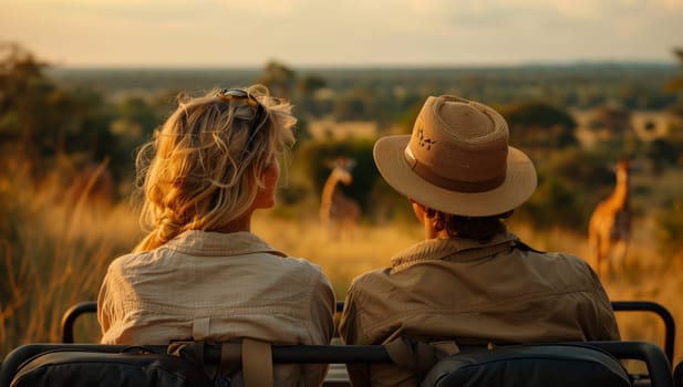 A man and a woman in sun hats are sitting in the back of a jeep, gesturing happily as they look at giraffes in the grassland landscape under the sunny sky