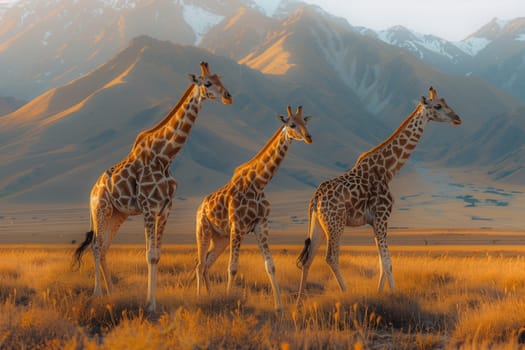Three Giraffidae are peacefully standing in a plant community with mountains in the background, under a sky filled with clouds in a natural landscape