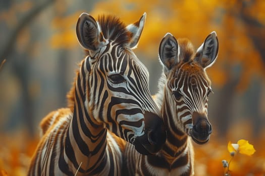 Two zebras, a terrestrial animal with black and white striped hair, stand next to each other in the woods. Their heads turn, eyes scanning the grassy surroundings for water sources