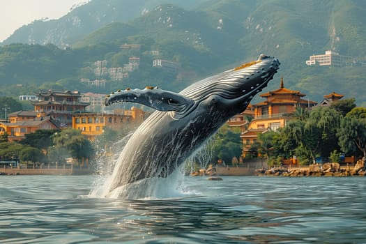 A giant humpback whale gracefully breaches the surface of the liquid, showcasing its majestic fin in the natural marine landscape
