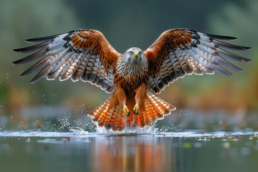 A red kite, a bird of prey in the Accipitridae family, is soaring gracefully over a body of water with its wings outstretched, showcasing its adaptation for hunting in this ecoregion