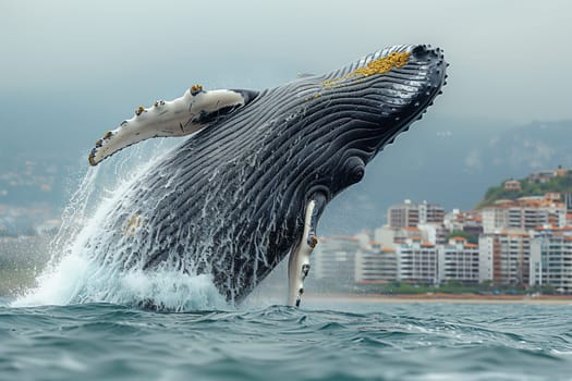 As the humpback whale gracefully leaps out of the liquid, its fin glistens in the sunlight against the backdrop of the sky. This incredible display of marine biology is a sight to behold