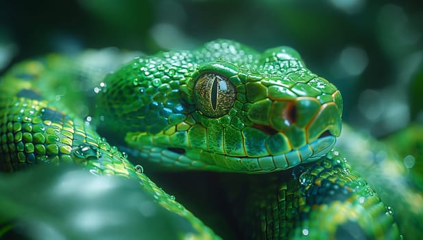 A close up of a green serpents face against a blurry jungle background. Macro photography capturing the intricate details of this terrestrial animals scaled skin