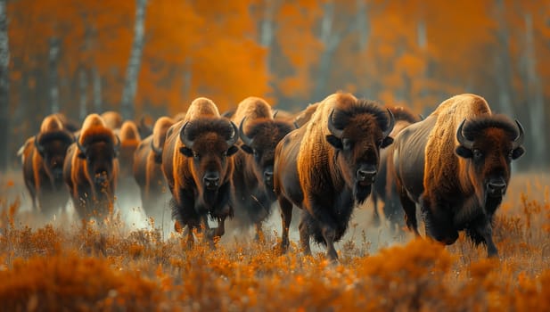 In the ecoregion, a herd of bison with their powerful adaptations, are running through the grassland, showcasing the natural landscape and terrestrial animals in motion