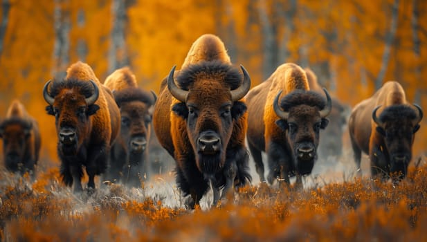 A group of bison are moving across a natural landscape with tall grass, showcasing their horns and powerful stature as terrestrial animals