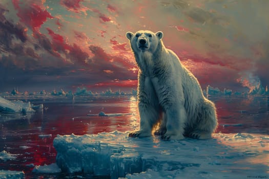 A carnivorous polar bear is perched on a chunk of ice in a vast natural landscape, surrounded by liquid water and cloudy skies, creating a stunning painting of a terrestrial animal in its habitat