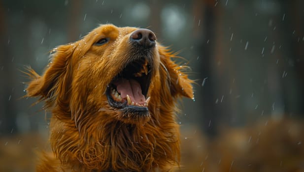 A close up of a blond Sporting Group dog with its mouth open in the rain, showcasing its carnivorous nature and fur coat