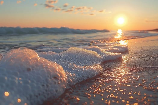 Horizontal background with sea foam near the shore at sunset. Beautiful natural summer landscape.