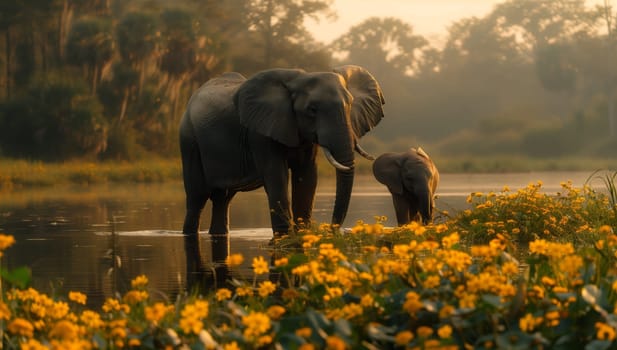 Two elephants, possibly Indian elephants, stand together in a field of yellow flowers on a grassy plain, showcasing the beauty of these majestic terrestrial animals in their natural landscape