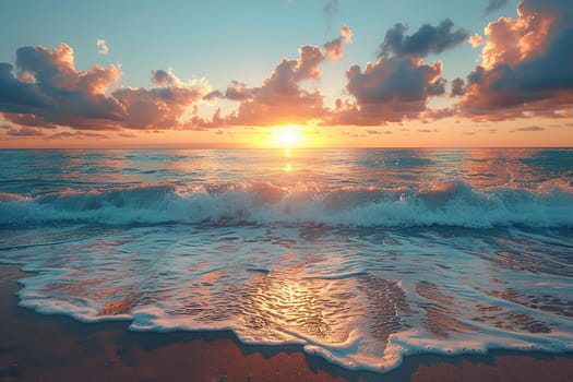 Amazing view of the sunset over the sea with waves and white sand on the beach.