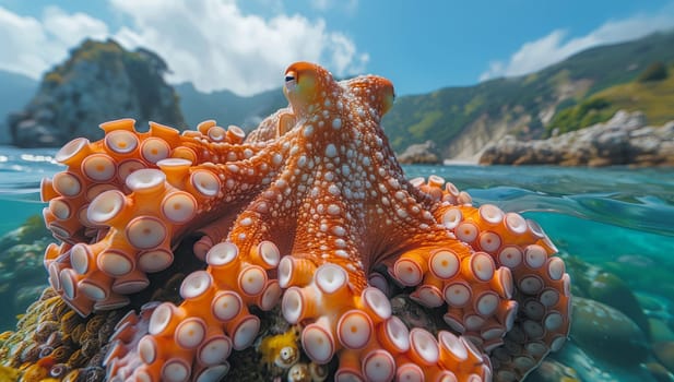 An electric blue octopus is perched on a reef in the underwater world, surrounded by the vast ocean and a clear sky with fluffy clouds