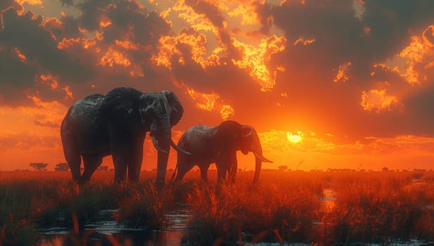 A group of elephants grazing in a grassy field as the sun sets, creating a beautiful natural landscape with a fawn sky and fluffy clouds above