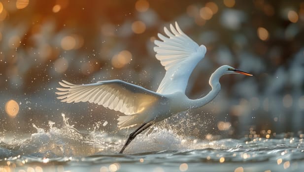A graceful white seabird with fluid movements glides over the liquid surface of a vast lake, its wings outstretched and beak pointed forward