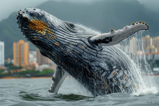 A marine mammal, the humpback whale, is breaching out of the liquid known as water, against a backdrop of the sky and wind waves in the ocean