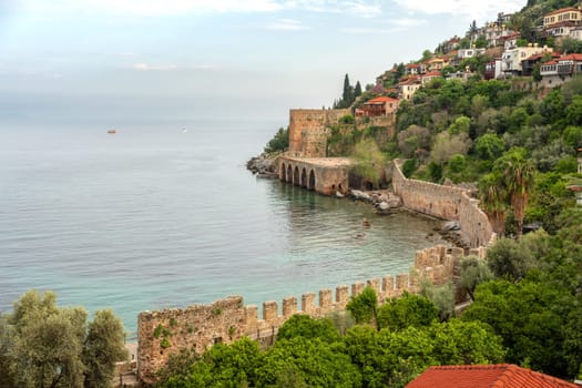 Historical Alanya Shipyard and Kizil Kule walls located in Alanya district of Antalya