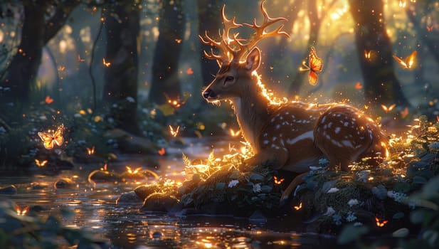 A deer peacefully rests in a natural landscape, surrounded by twinkling fireflies. The serene scene includes lush grass, trees, and a nearby stream