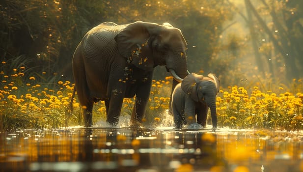 Two Indian elephants, a mother and her calf, are enjoying a moment in the water in their natural landscape, surrounded by trees