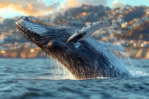 A majestic humpback whale breaches the ocean surface, gracefully soaring above the water in a display of marine mammal wildlife