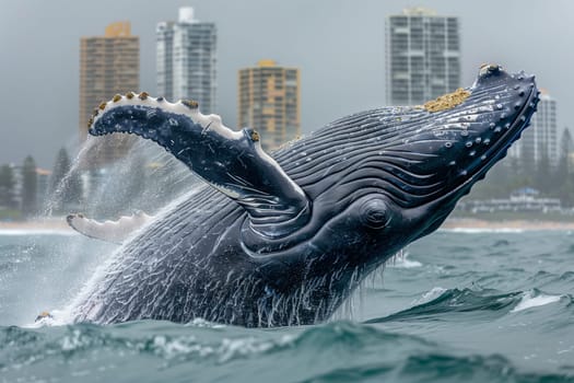 A humpback whale is leaping out of the water in front of a city skyline, with skyscrapers and tower blocks in the background