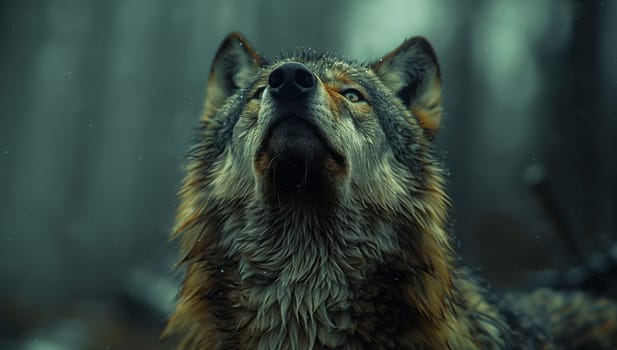 Closeup of a carnivorous terrestrial animal with whiskers, fangs, and fur, resembling a dog breed or Felidae. The wolf gazes up at the sky, ready to howl or roar in a majestic event