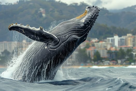 A majestic humpback whale breaches the surface, soaring out of the fluid expanse of the ocean with grace and power in a display of marine biology wonder