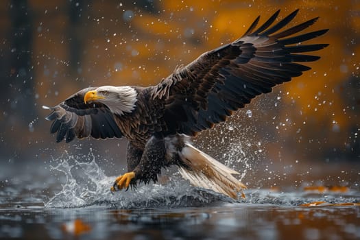 A Bald eagle, a majestic sea eagle from the Accipitridae family and a bird of prey, soars gracefully over a body of water with its sharp beak and keen eyesight