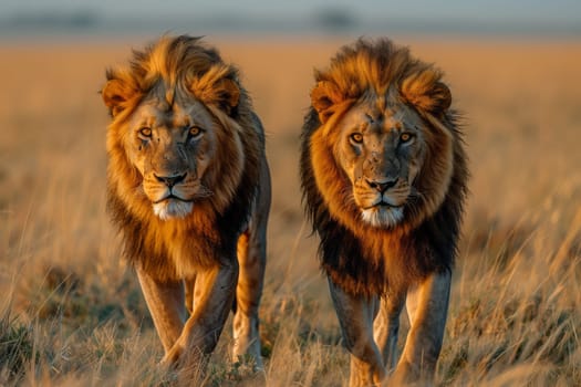 Two Masai lions, majestic carnivorous big cats from the Felidae family, roam side by side in a grassy plain, a natural landscape filled with lush green grass