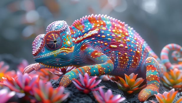 A vibrant electric blue chameleon is perched on a rock amidst colorful terrestrial plants and wildlife. The scene is perfect for macro photography or as inspiration for art and fashion accessories