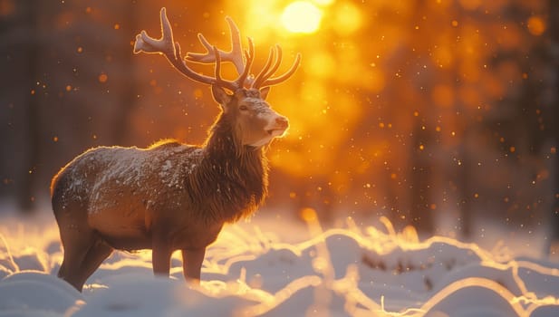 A fawn deer is standing in the snowy natural landscape at sunset, creating a beautiful atmospheric phenomenon in the wildlife event