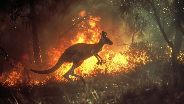 A terrestrial animal with a tail, a kangaroo, is sprinting through a forest fire, surrounded by darkness and intense heat. This event could inspire a powerful painting of the natural landscape