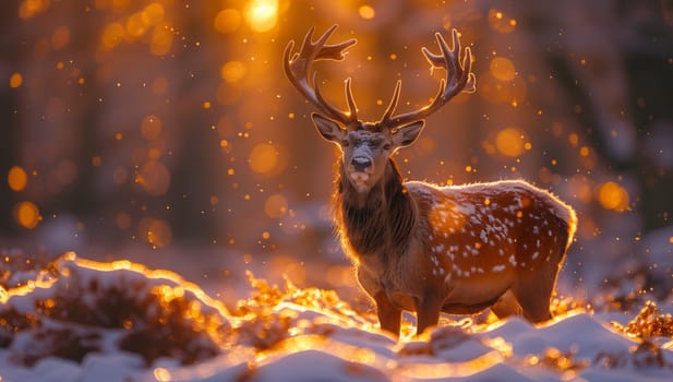 A deer is standing gracefully in the snowy landscape at sunset, showcasing its majestic horns and elegant posture in the winter forest