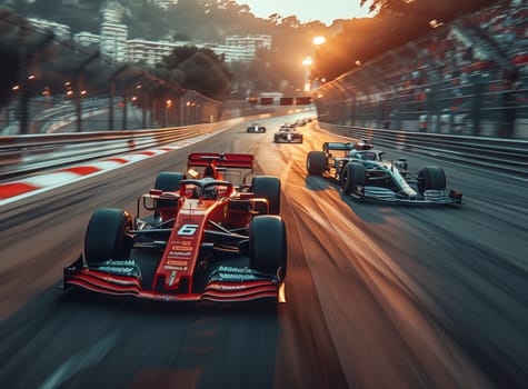 Two vehicles are speeding down the racetrack, showcasing their automotive design and tire performance. The asphalt track is filled with excitement and adrenaline in the world of motorsport racing