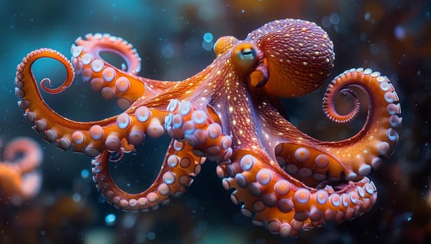 A Cephalopod organism, the giant Pacific octopus, is swimming underwater in the ocean. This marine invertebrate is a fascinating creature in marine biology