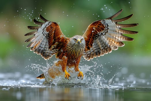 A bird of prey from the Accipitridae family, the eagle is gliding over the water with its wings fully extended, showcasing its impressive beak and powerful wingspan in the natural landscape
