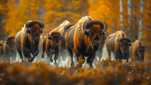 A herd of bison, with bulls showing off their snouts and horns, are seen running through the natural landscape, inspiring an artists painting