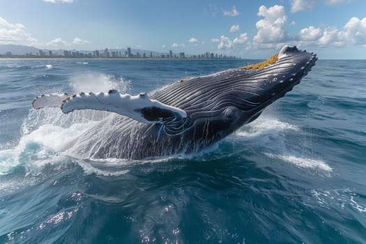 A majestic humpback whale breaches the ocean surface, soaring into the sky amidst the fluid waves, showcasing marine biology in its natural landscape