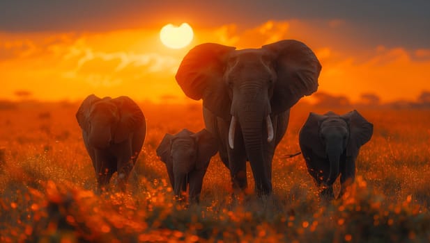 A group of elephants peacefully grazing in a natural landscape at sunset, with the sky filled with colorful clouds in the background