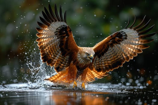 A bird from the Accipitridae family is soaring above a body of water, displaying its majestic wings and beak. This organism belongs to the Falconiformes order and has beautiful feathers